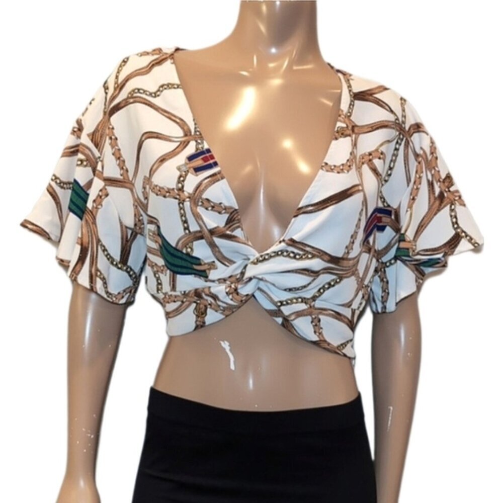 Dynamite Chain Print Crop Top Slouchy Short Sleeve Twist Vneck Size Large